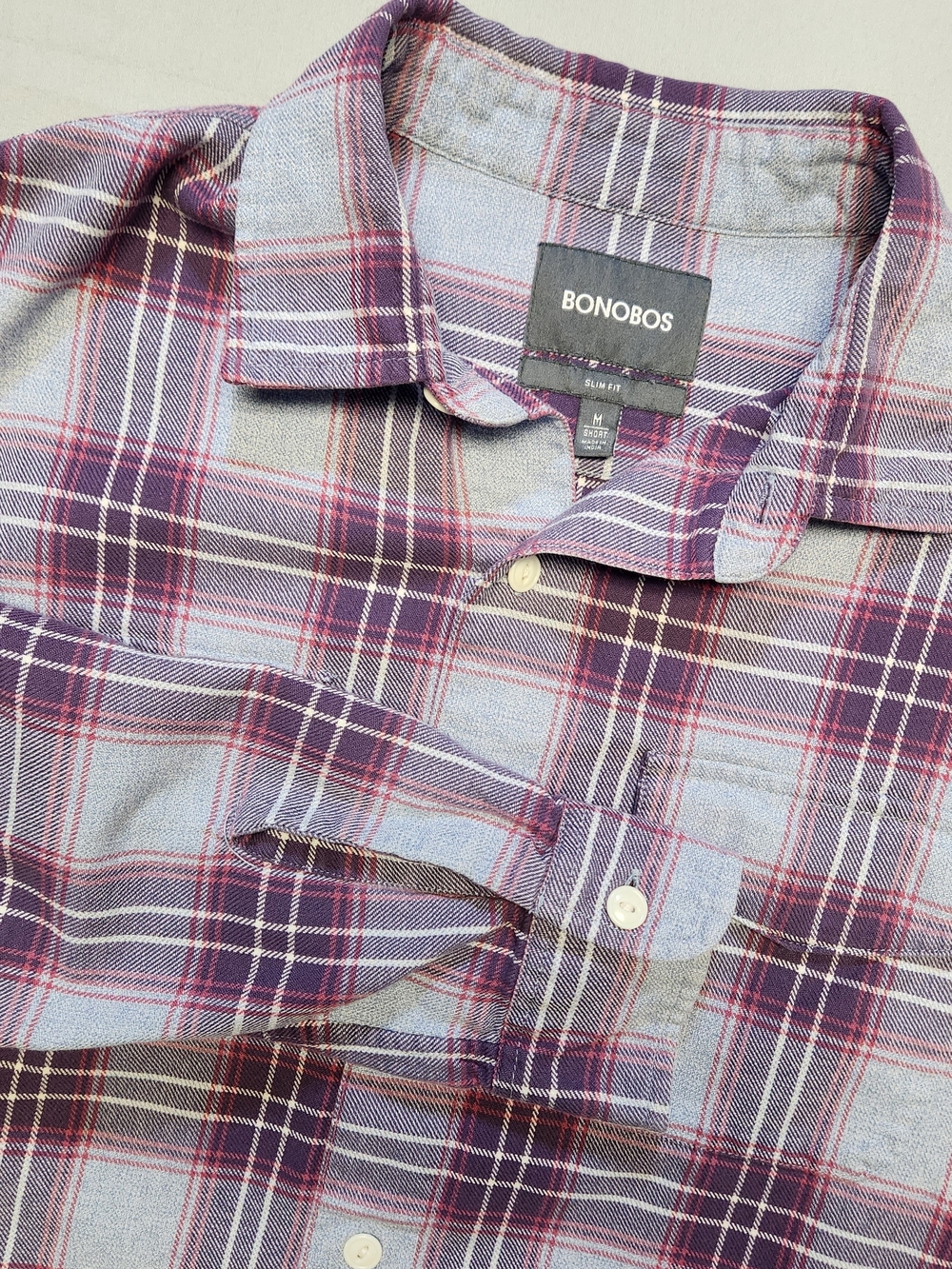 Bonobos Shirt Mens Medium Gray Short Fit Flannel Plaid Button Up Long Sleeve